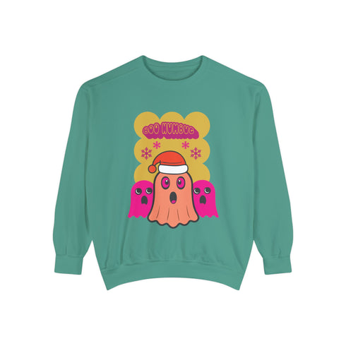 A holiday sweatshirt featuring a cute ghost character wearing a Santa hat, with two smaller ghosts on either side. Above them is the playful text "Boo Humbug," surrounded by snowflakes and festive elements. The design humorously combines spooky and festive themes for a unique holiday look.